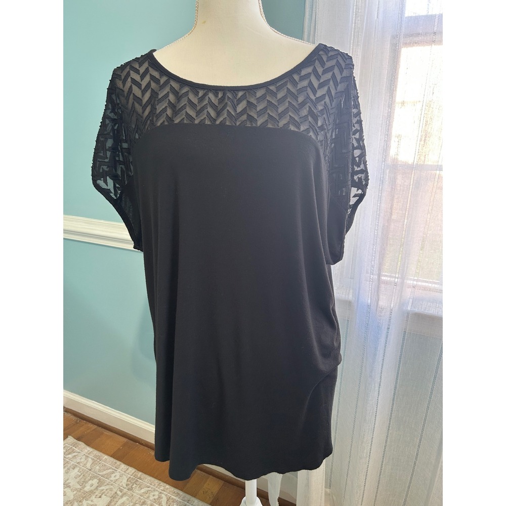 Carol Rose Womens Black Sheer Mesh Chevron Yoke Short Sleeve Top Plus Size 2X